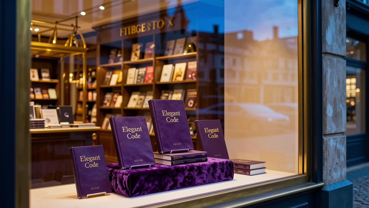 Bookstore window, deep purple books Elegant Code books