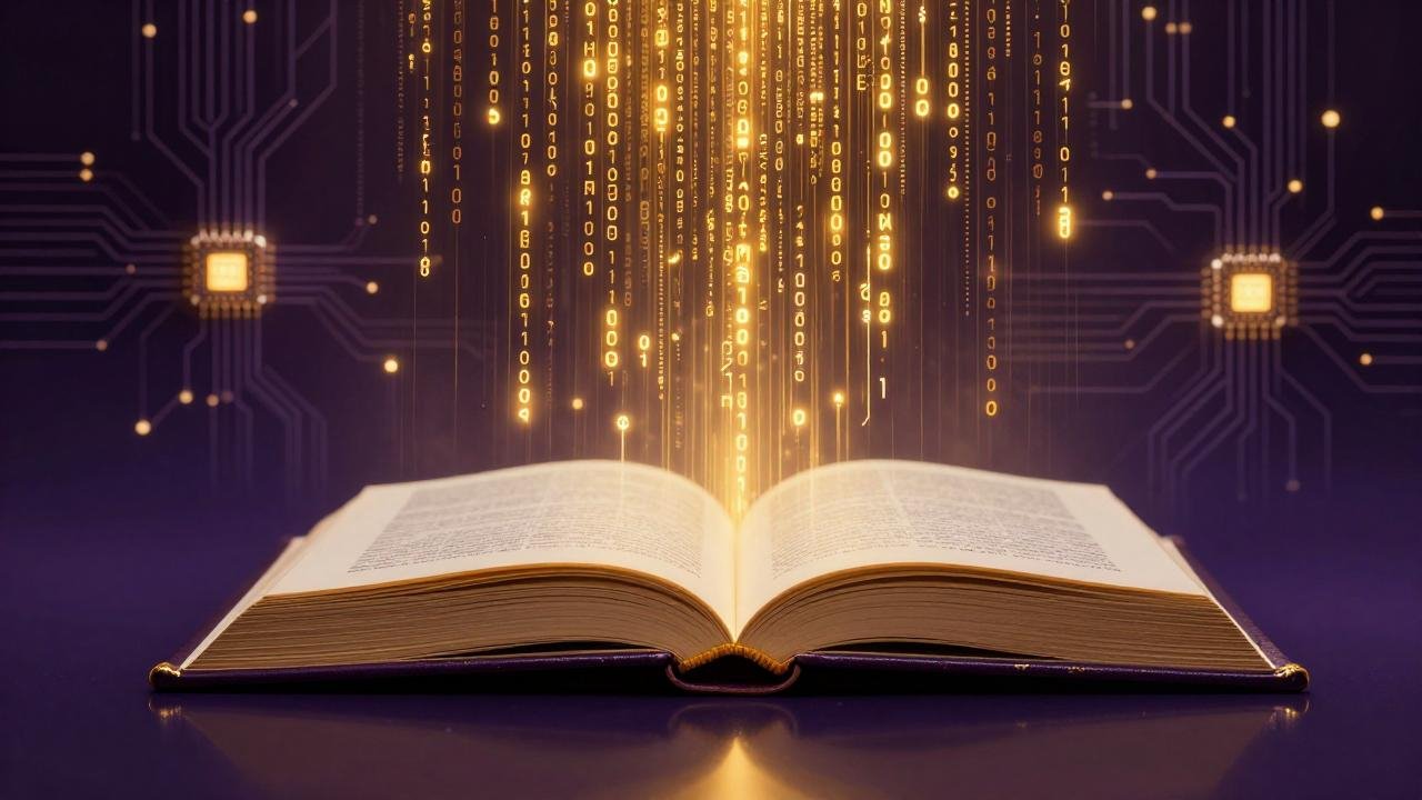 Decoration, book open with gold fiction matrix information flying down